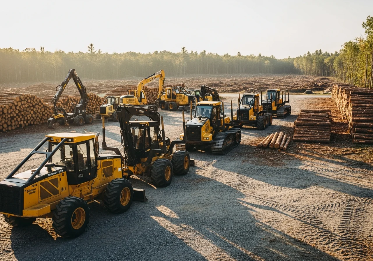 Logging equipment and cleared land showing professional timber harvesting and site preparation work.