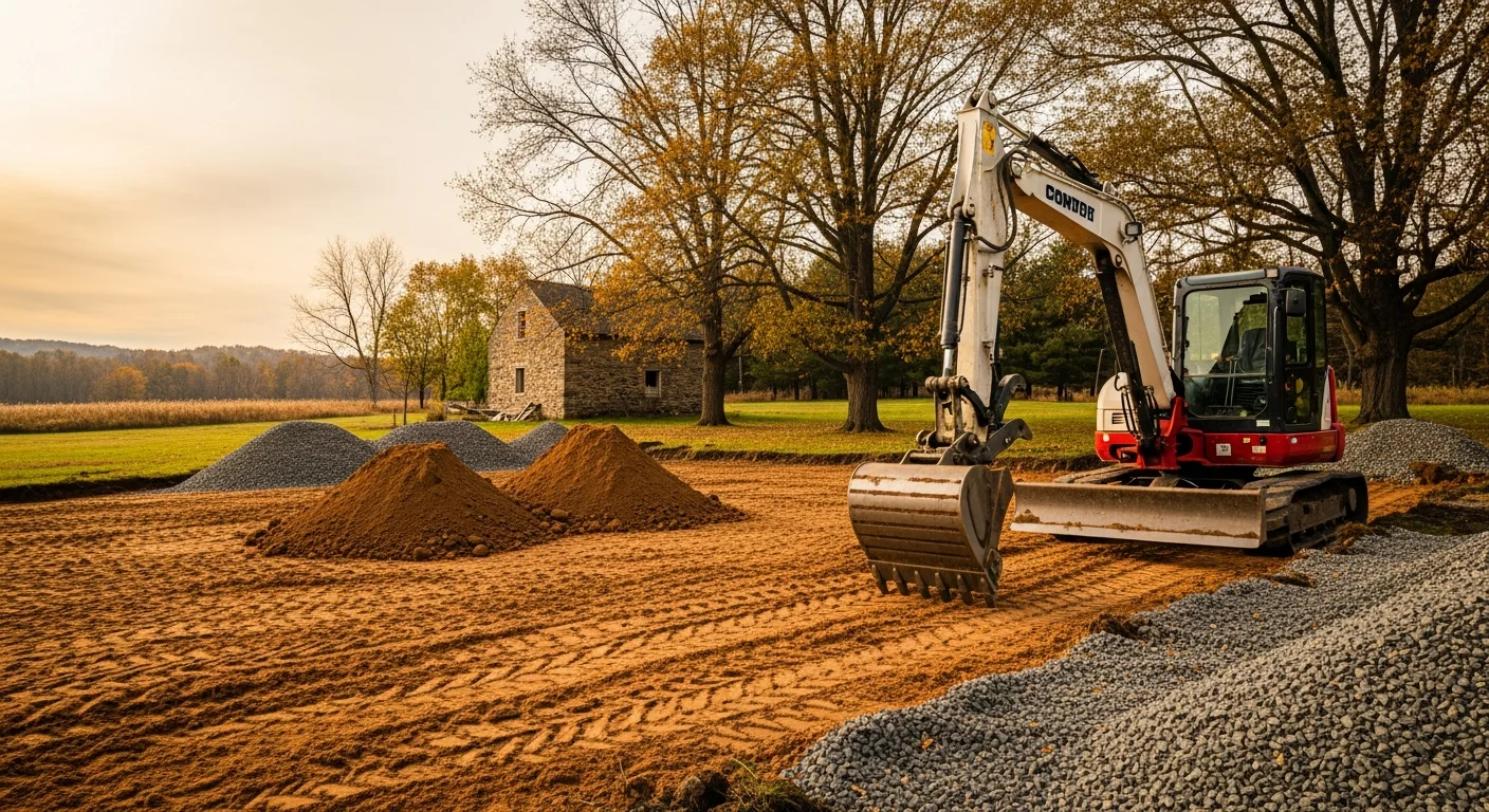 Excavator performing site grading and foundation work
