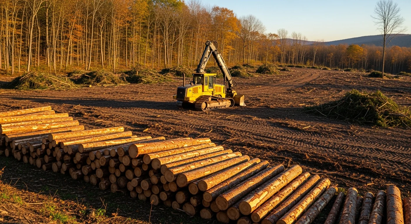 Logging equipment clearing timber from forested property
