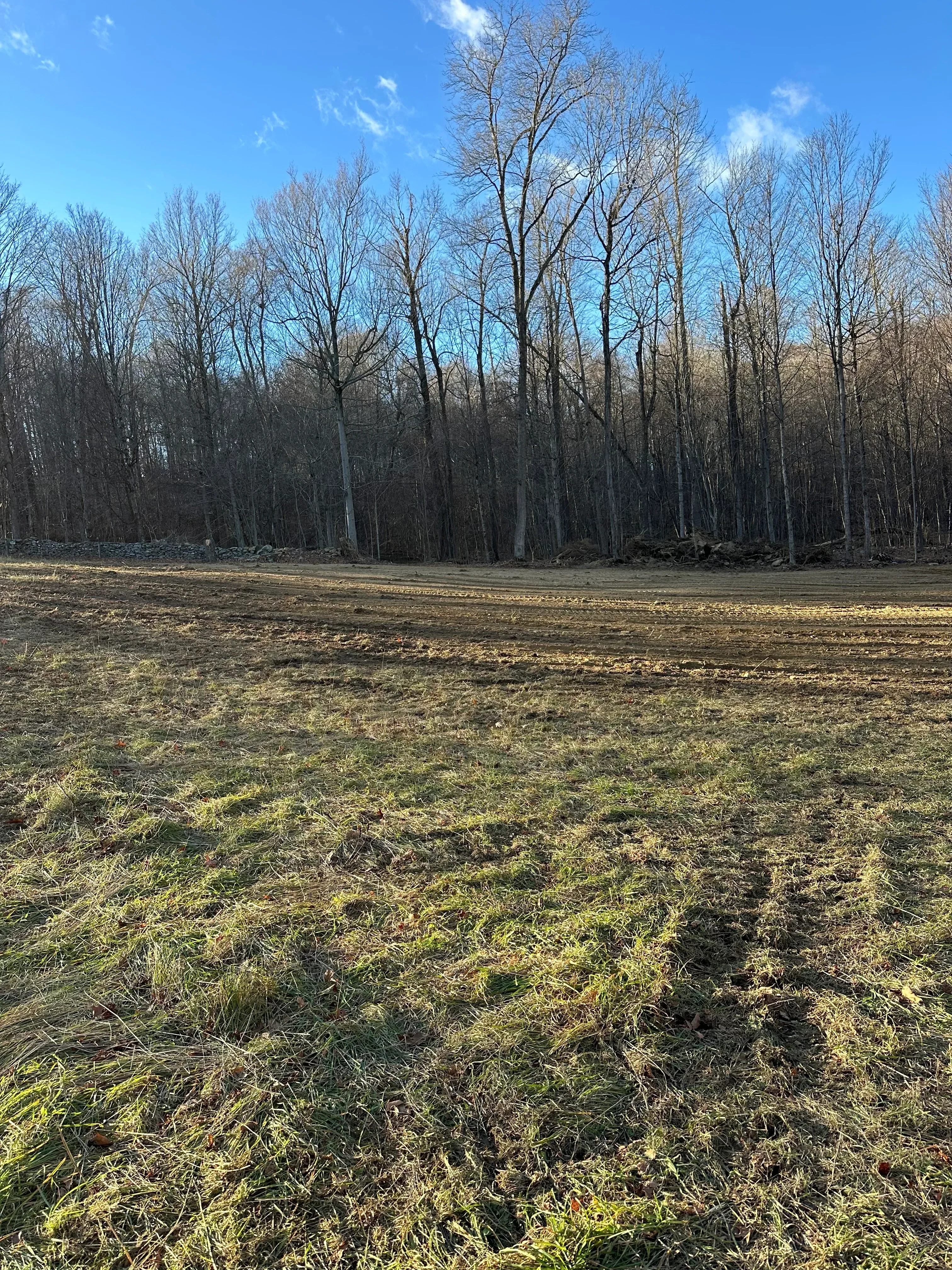 Cleared land with gravel road, removed vegetation and brush, bare ground exposed