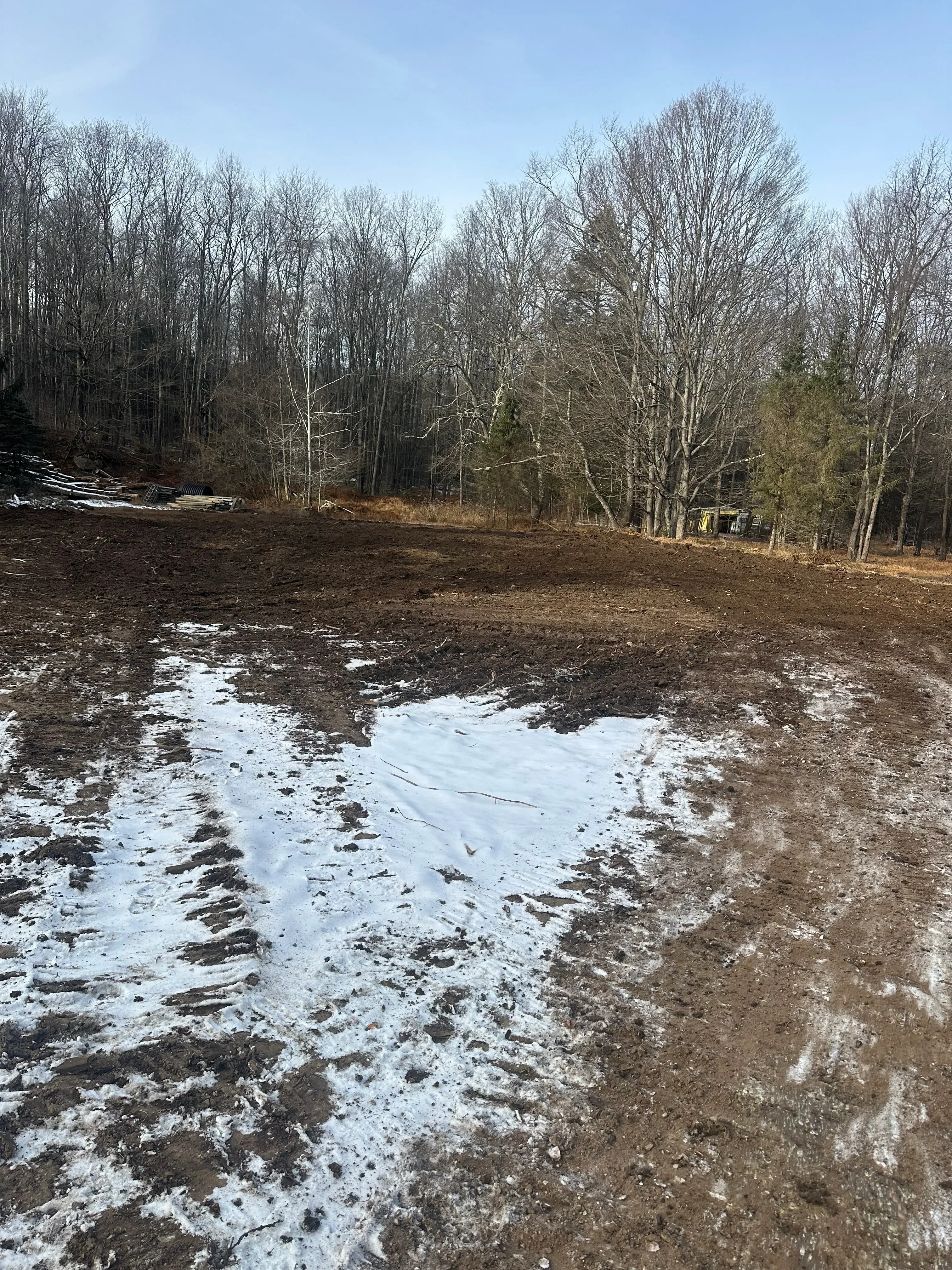 Cleared land with snow coverage and exposed soil after tree removal operations