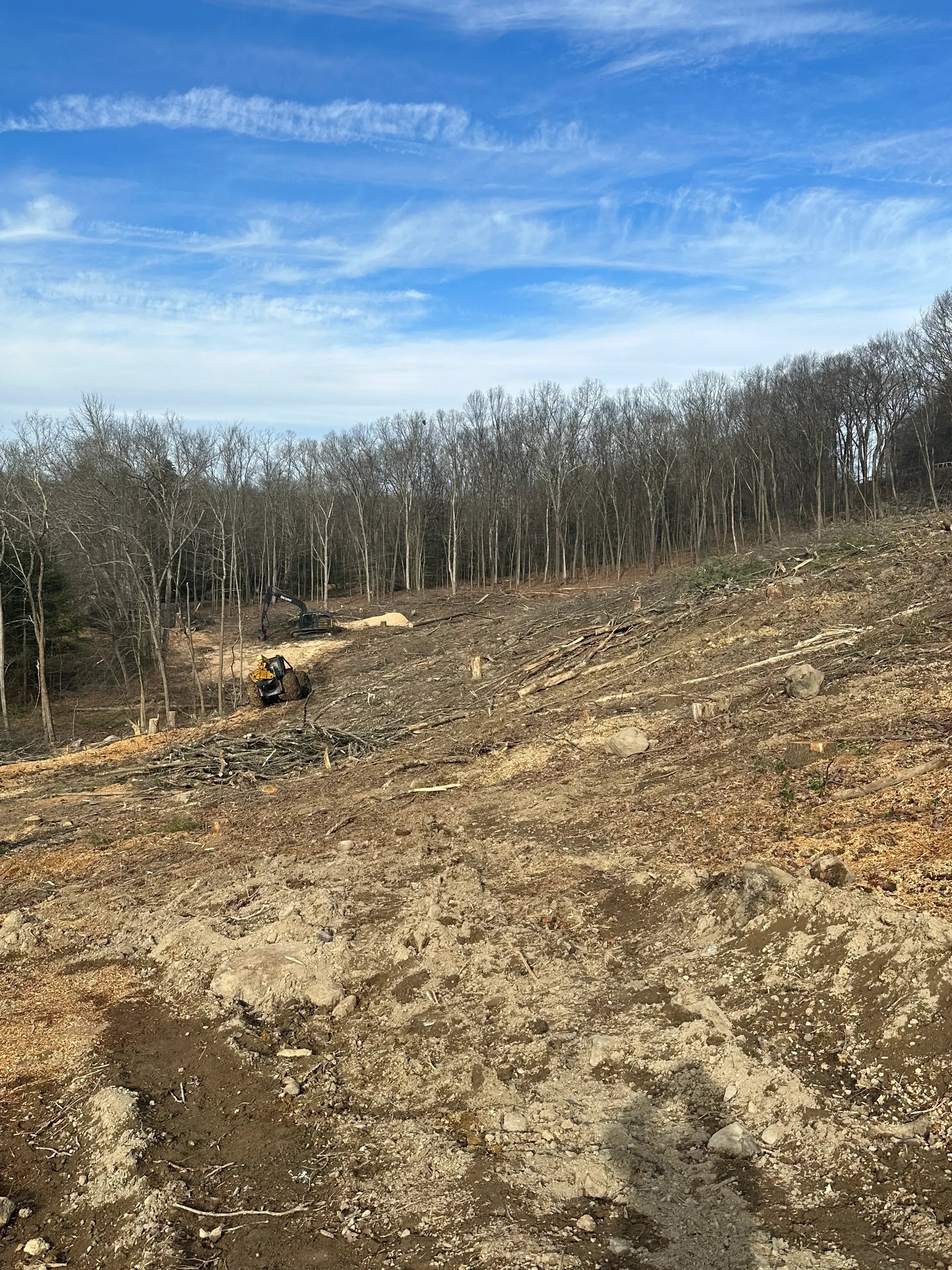 Cleared land with graded soil, equipment tracks, and removed vegetation on rural property