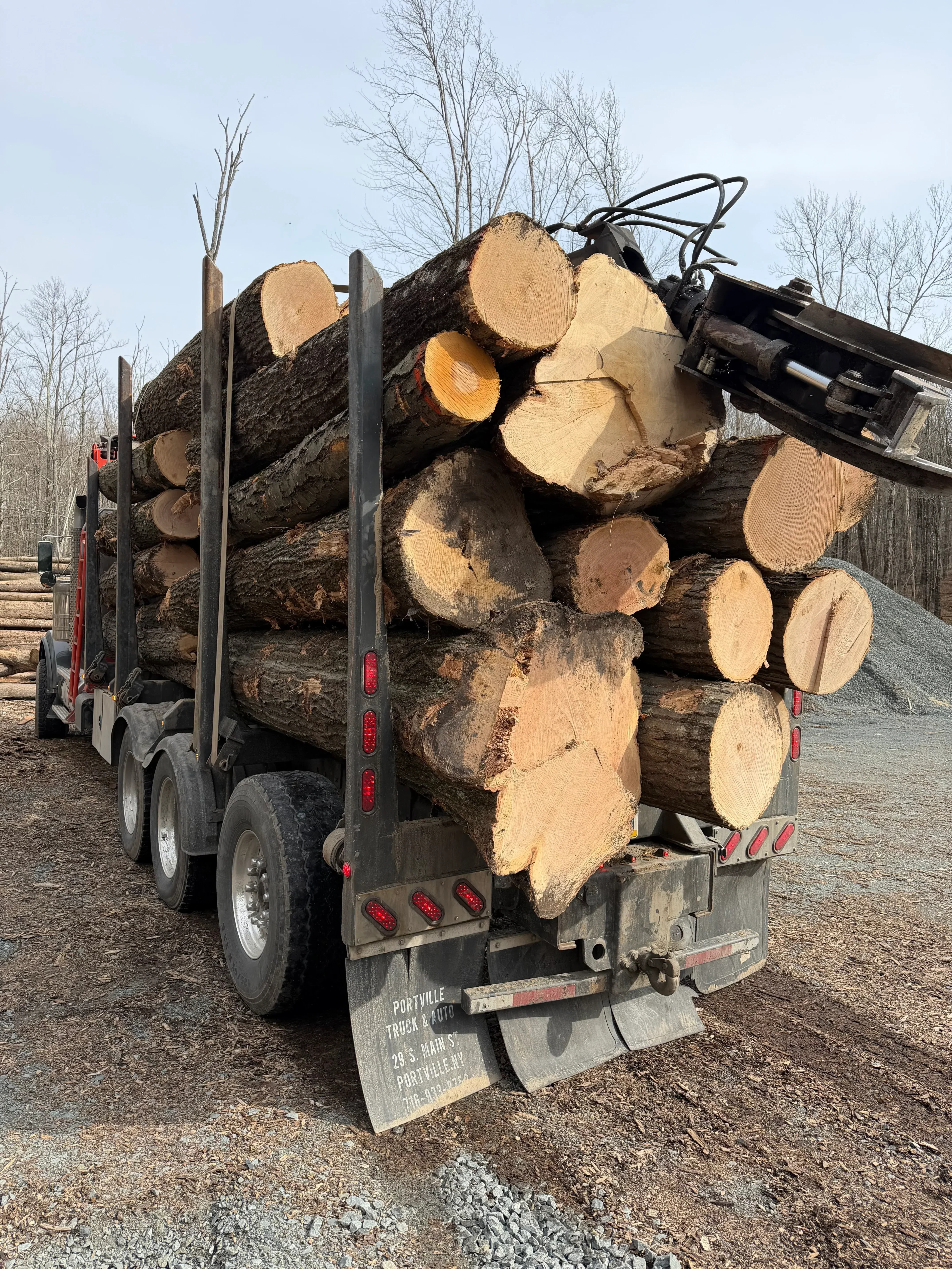 Loaded logging trailer with stacked freshly cut logs of varying diameters on asphalt road