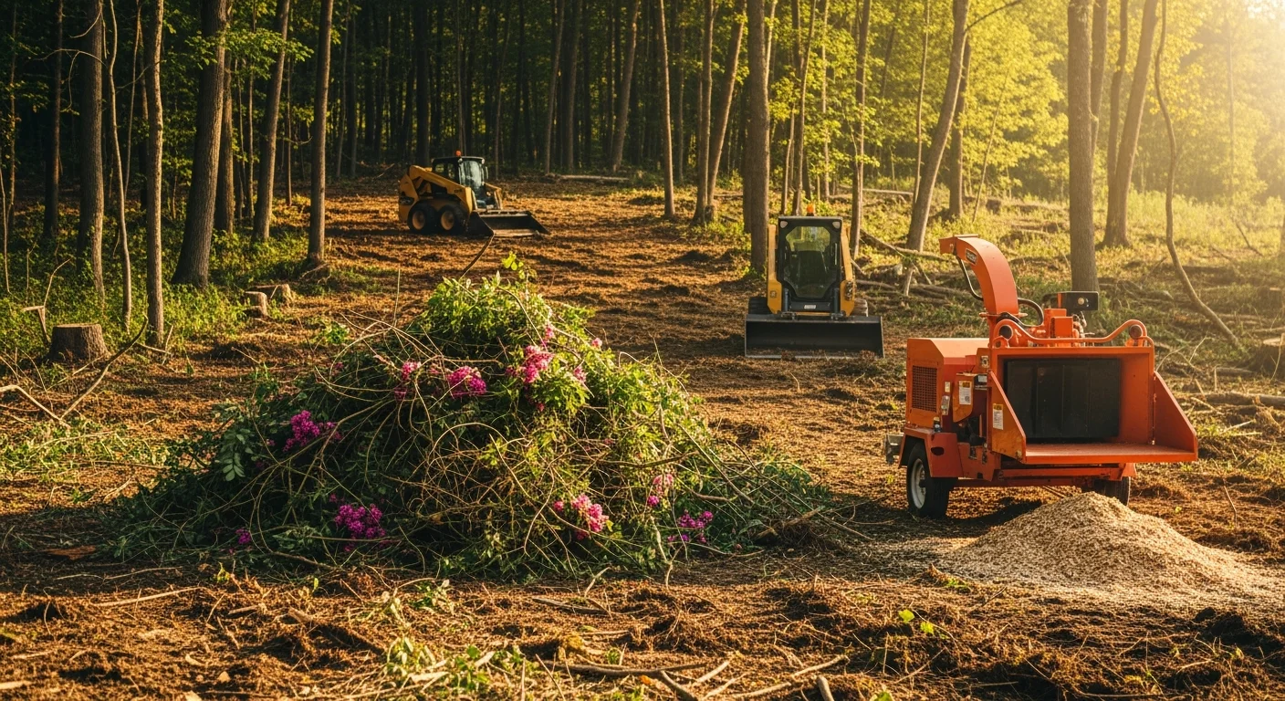 A Wayne County, Pennsylvania wooded lot with dense brush and invasive shrubs cleared to ground level, showing open land and defined tree lines after removal. Logging equipment is visible at the edge of the cleared area.