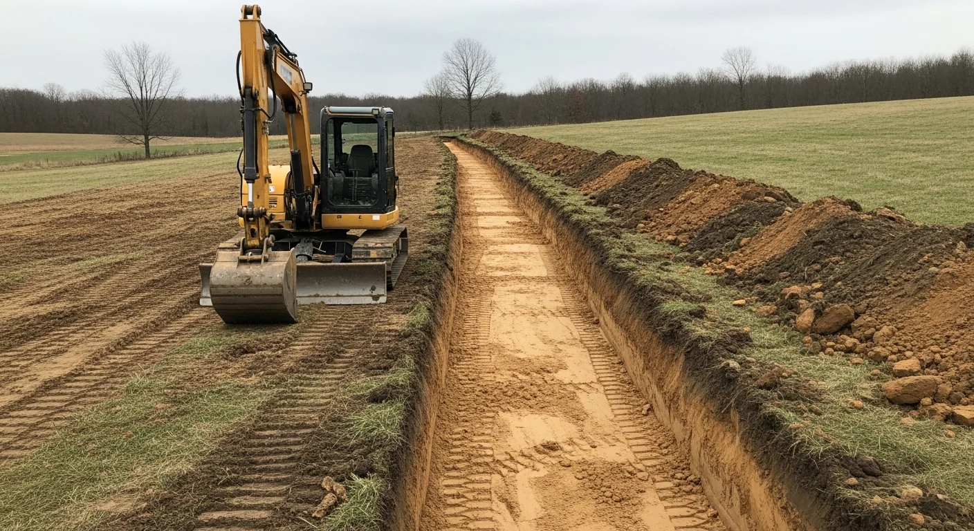 A freshly excavated drainage swale running along the edge of a rural residential property in Wayne County, Pennsylvania, with graded soil sloping away from the home's foundation. A small excavator sits on the adjacent cleared ground near a wooded tree line.