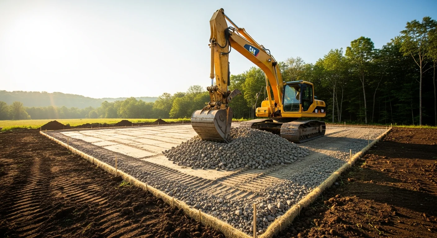 A tracked excavator grading sloped, rocky terrain on a cleared rural lot in Wayne County, Pennsylvania. Exposed glacial-till soil and surrounding tree line are visible in the background.