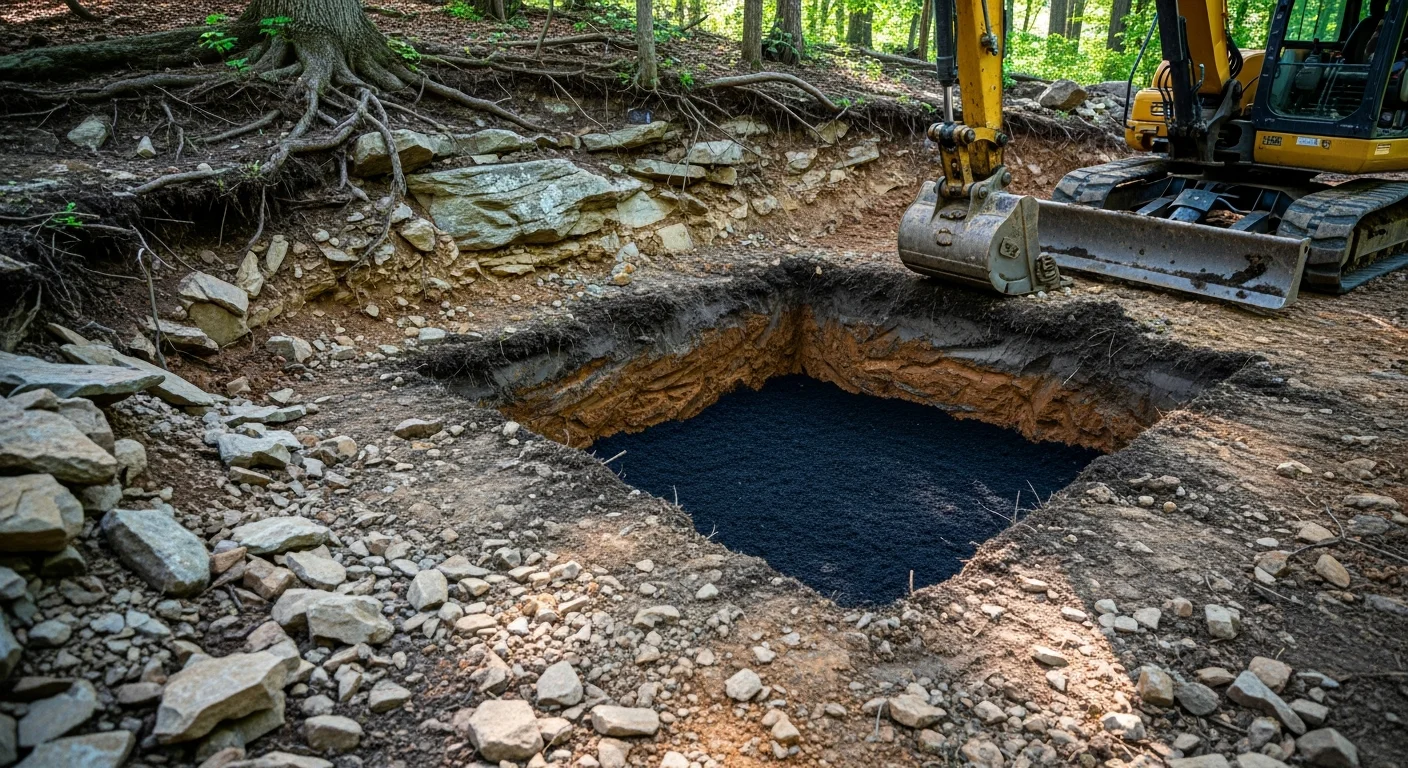 A freshly excavated foundation hole on a sloped residential lot in Wayne County, Pennsylvania, with clean-cut earthen walls and spoil piled to the side. A compact excavator sits at the edge of the dig, ready for the next pass on rocky northeastern Pennsylvania terrain.