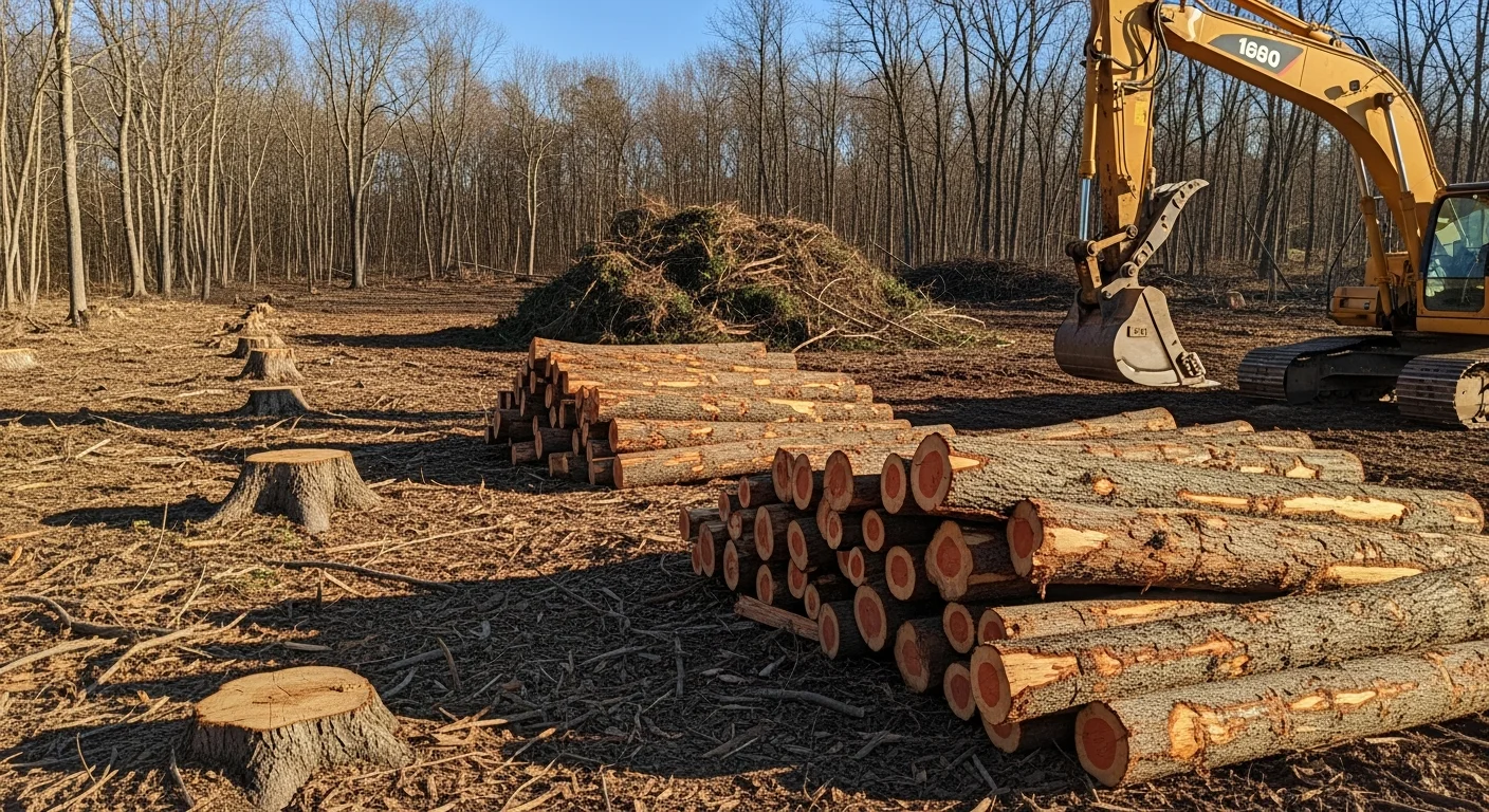 A Wayne County, Pennsylvania wooded lot after land clearing, showing felled hardwood trees, removed brush, and exposed ground on sloped terrain. Buehring Logging equipment visible at the edge of the cleared area.