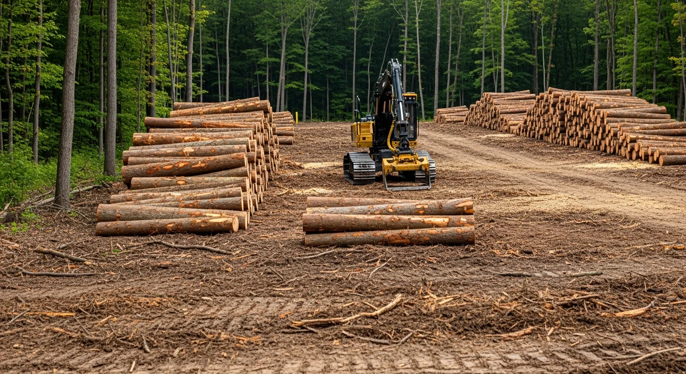 A cleared Wayne County, Pennsylvania woodlot after log removal, with felled hardwood timber loaded and the forest floor visible and accessible. A logging truck is staged at the edge of the site on a rural Pennsylvania property.