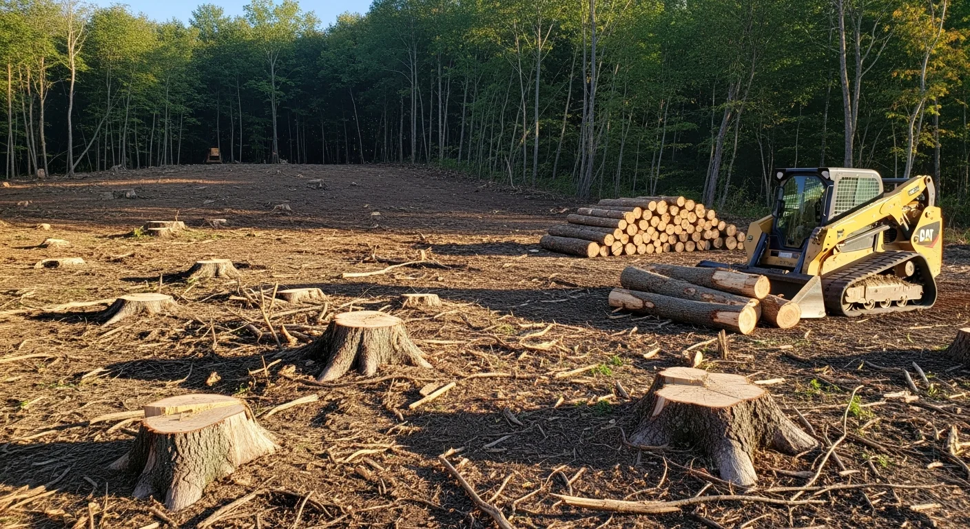 A freshly cleared wooded lot in Wayne County, Pennsylvania showing removed tree stumps, bare ground, and stacked timber debris along the lot edge. A sole proprietor logging operator works the site with forestry equipment amid mixed hardwood surroundings.