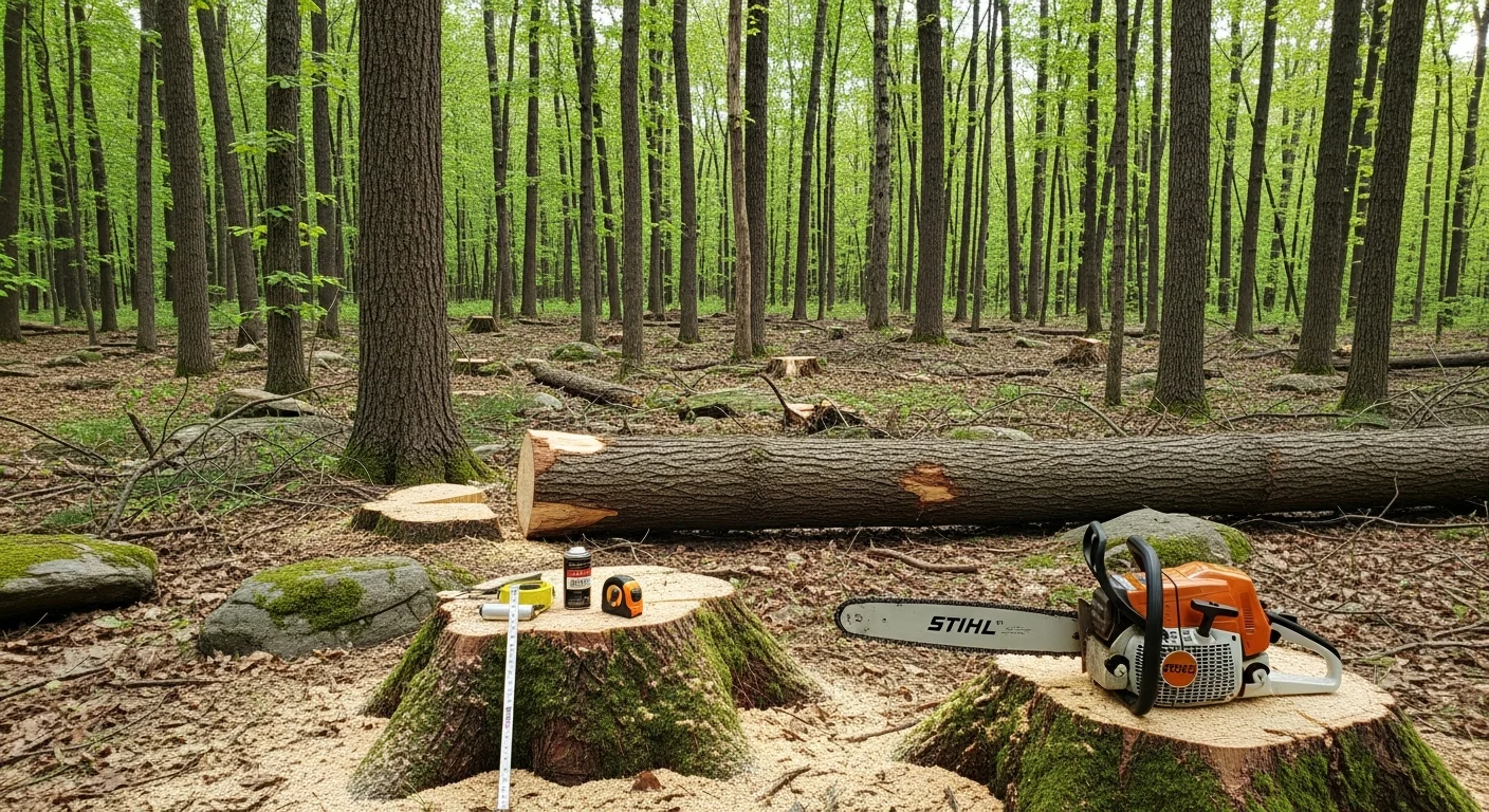 A Wayne County, Pennsylvania hardwood woodlot after selective logging, with standing mixed hardwood trees intact and cleared ground visible where individual trees were removed. Logging equipment tracks are visible along a planned skid trail between the remaining timber stand.