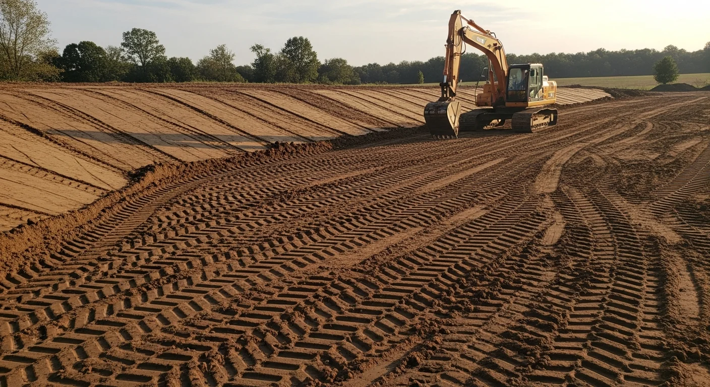 A Wayne County, Pennsylvania hillside lot with freshly graded soil showing a smooth, sloped surface prepared for construction. An excavator sits at the edge of the cleared site with wooded tree lines visible in the background.