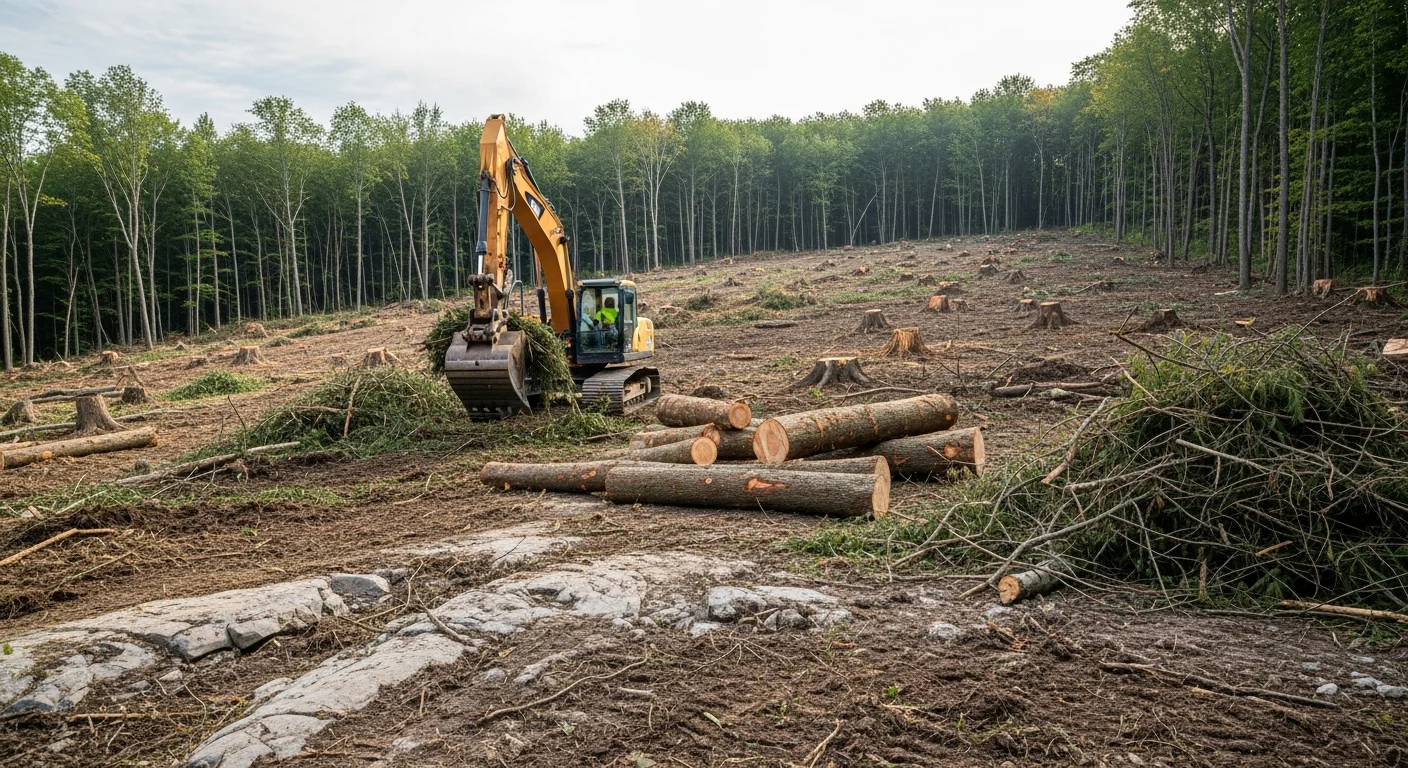 A Wayne County, Pennsylvania wooded lot after site preparation, showing cleared ground, graded soil, and removed stumps ready for construction. Dense hardwood trees border the cleared area against a backdrop of rolling Pennsylvania terrain.