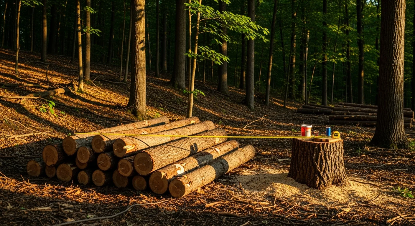 A Wayne County Pennsylvania woodlot after selective timber harvesting, showing cleared mature hardwood stumps alongside standing younger trees on a forested hillside. A logging skidder is visible on a managed skid trail in the background.