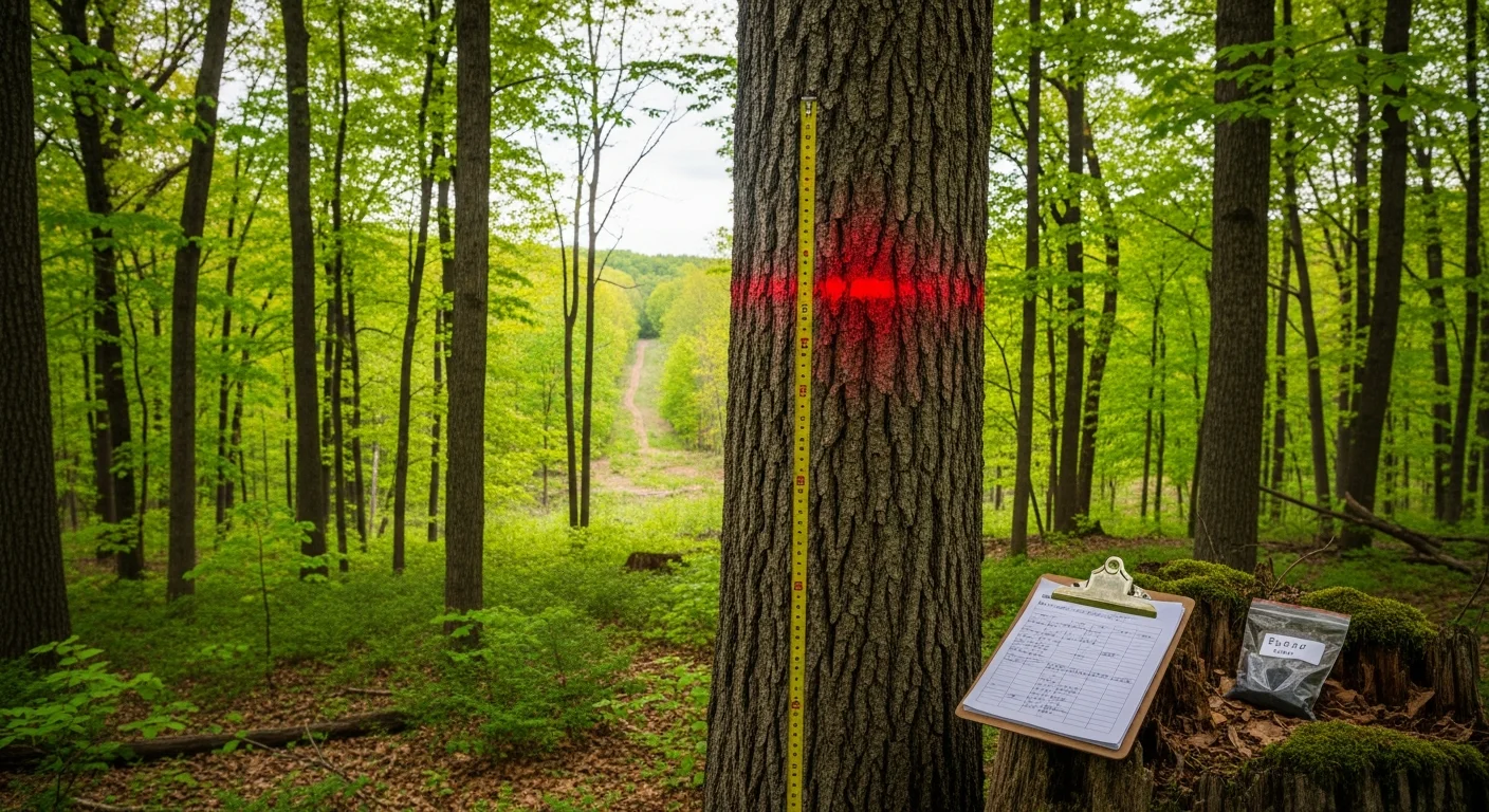 A logger walking a mature hardwood stand in Wayne County, Pennsylvania, assessing tree size and spacing during an on-site timber evaluation. Red oak and maple trees are visible across a sloped woodland property.