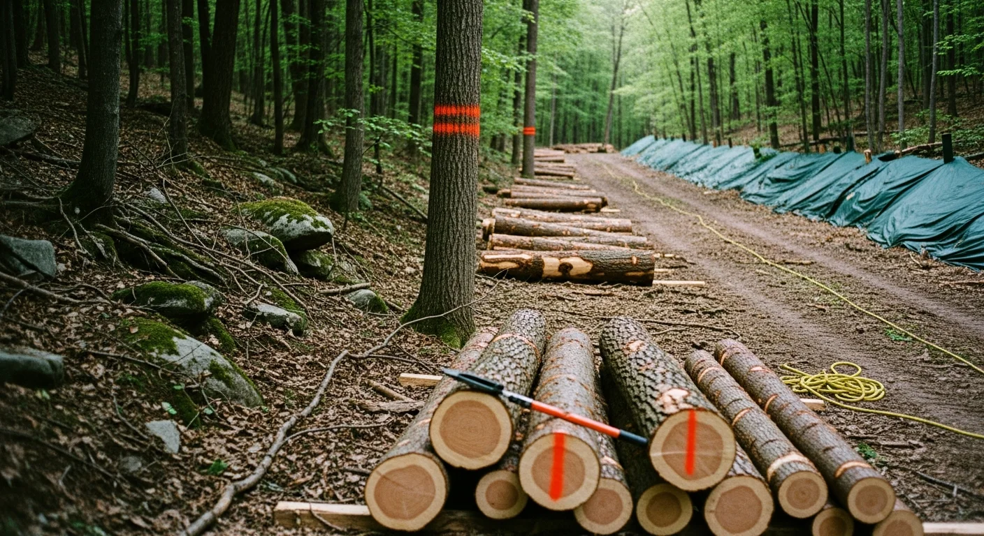 A timber harvesting operation on a mixed hardwood woodlot in Wayne County, Pennsylvania, with felled logs staged at a landing area and standing trees remaining on the hillside. A sole-proprietor logging crew works among red oak and maple trees on a private rural property.