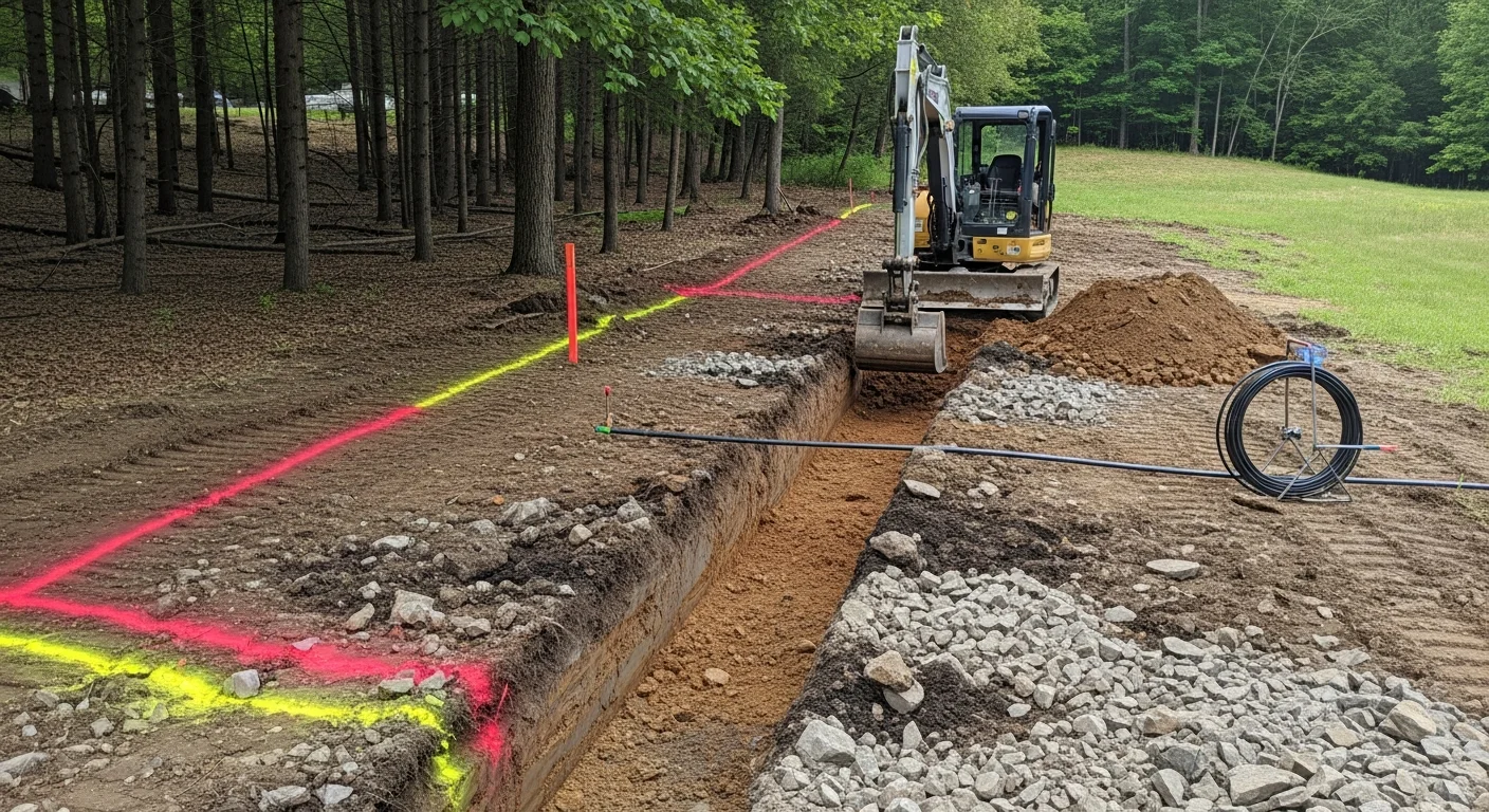 A freshly dug utility trench running across a rural residential property in Wayne County, Pennsylvania, with dark soil spoil piled alongside and wooded terrain visible in the background. The trench shows clean, straight sidewalls cut to consistent depth for underground pipe installation.