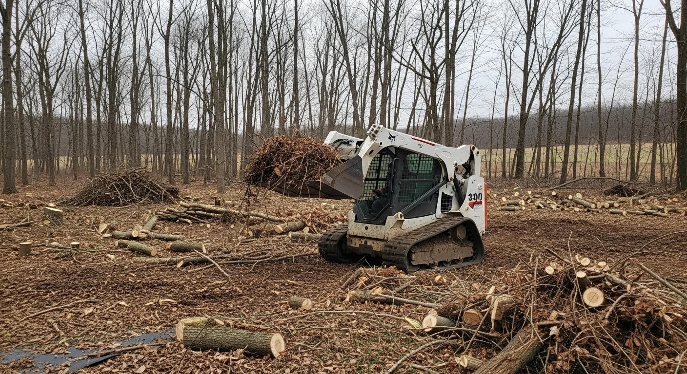 A Wayne County, Pennsylvania rural property with dense brush and hardwood regrowth cleared from a field edge, showing open ground and a clean tree line after vegetation removal by Buehring Logging.